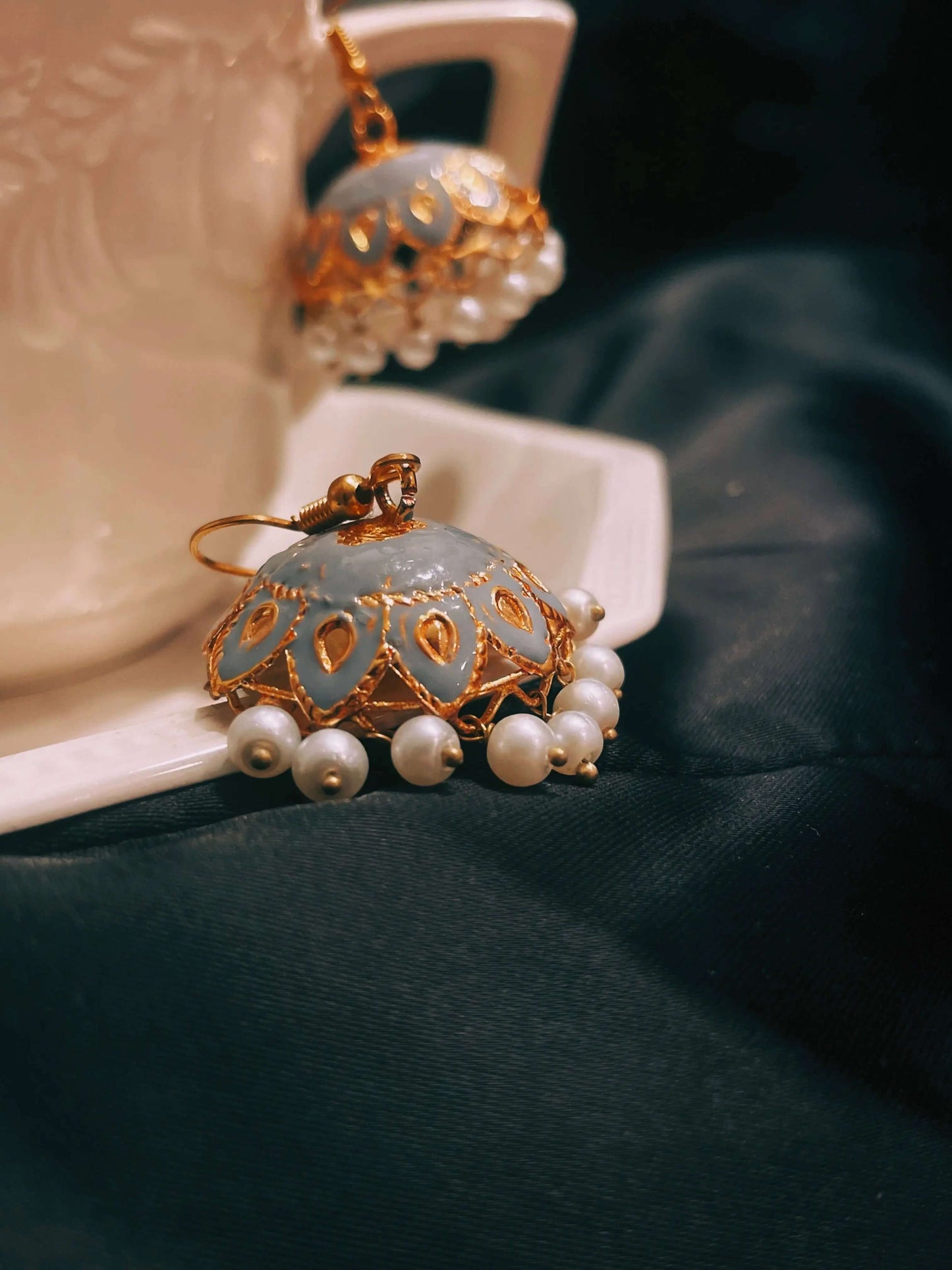 Roohi Earrings | Gold with Gray Enamel and Handcrafted Pearls