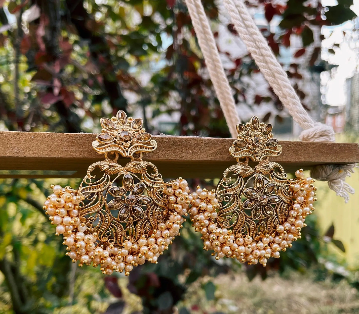 Raesa Earrings | Floral Motif with Gemstones and Pearl-Like Beads