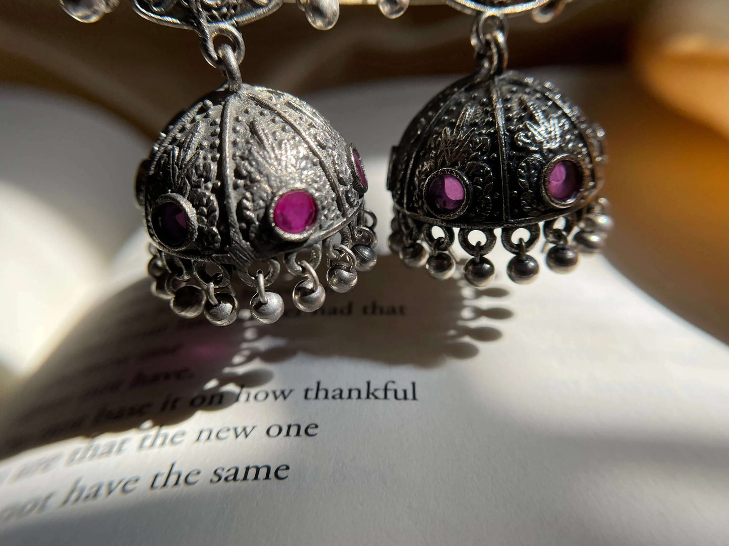 Zainab Earrings | Silver with Pink Stones and Peacock Design