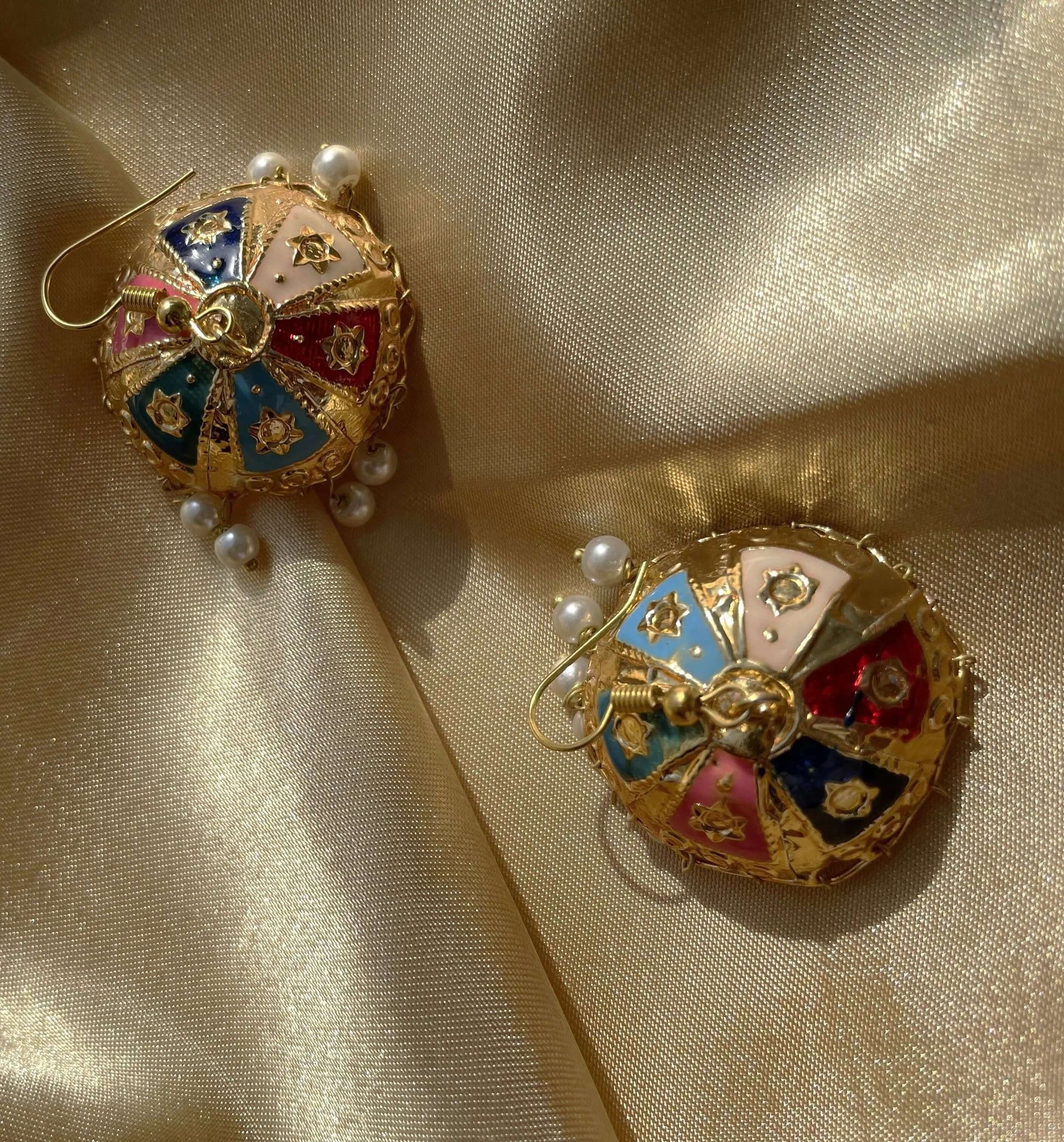 Anchal Earrings | Silver Rainbow Gold with Enamel and Pearls