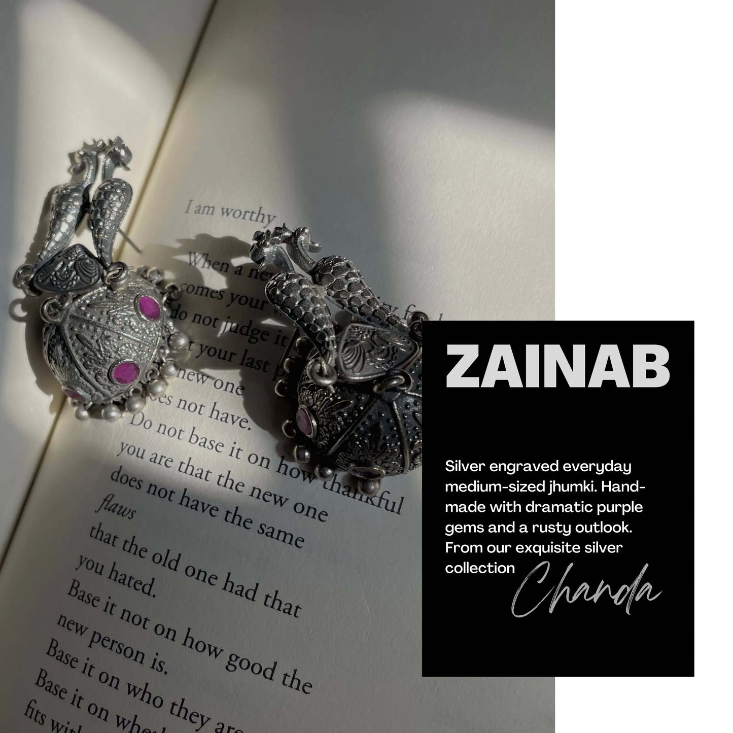 Zainab Earrings | Silver with Pink Stones and Peacock Design