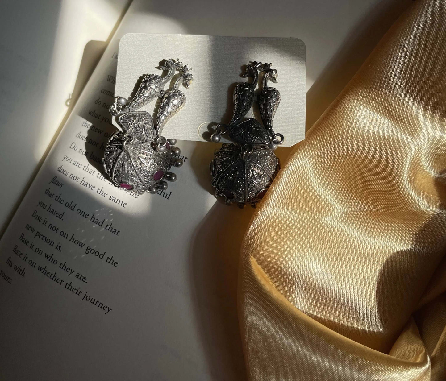 Zainab Earrings | Silver with Pink Stones and Peacock Design