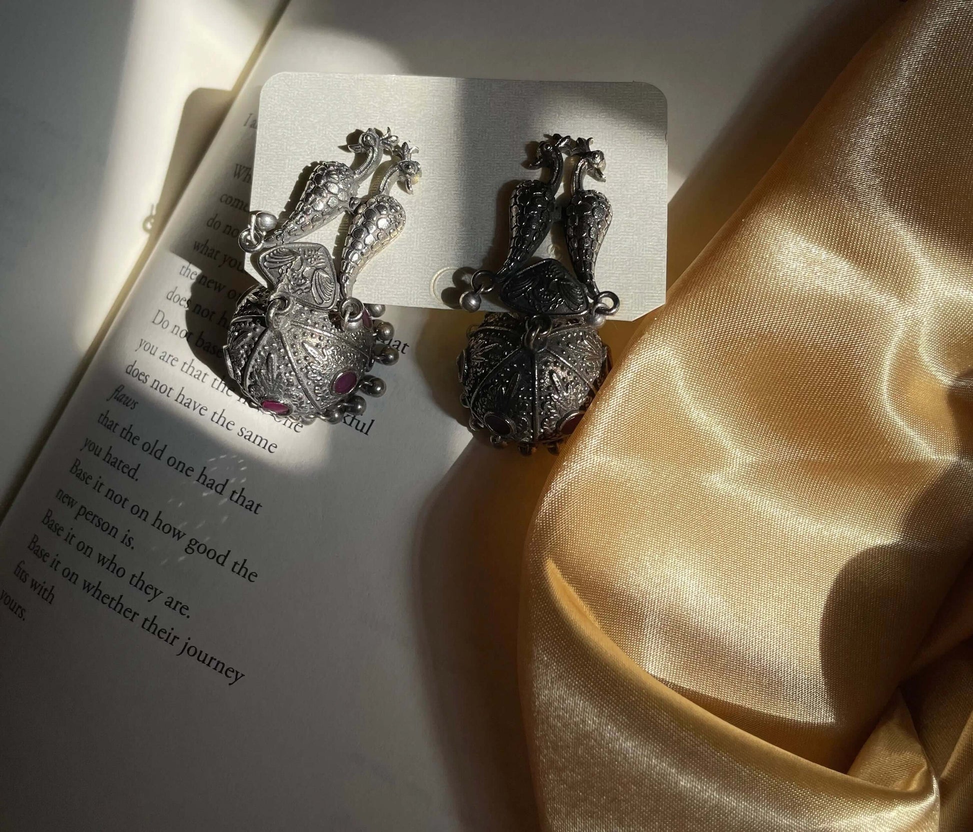 Zainab Earrings | Silver with Pink Stones and Peacock Design