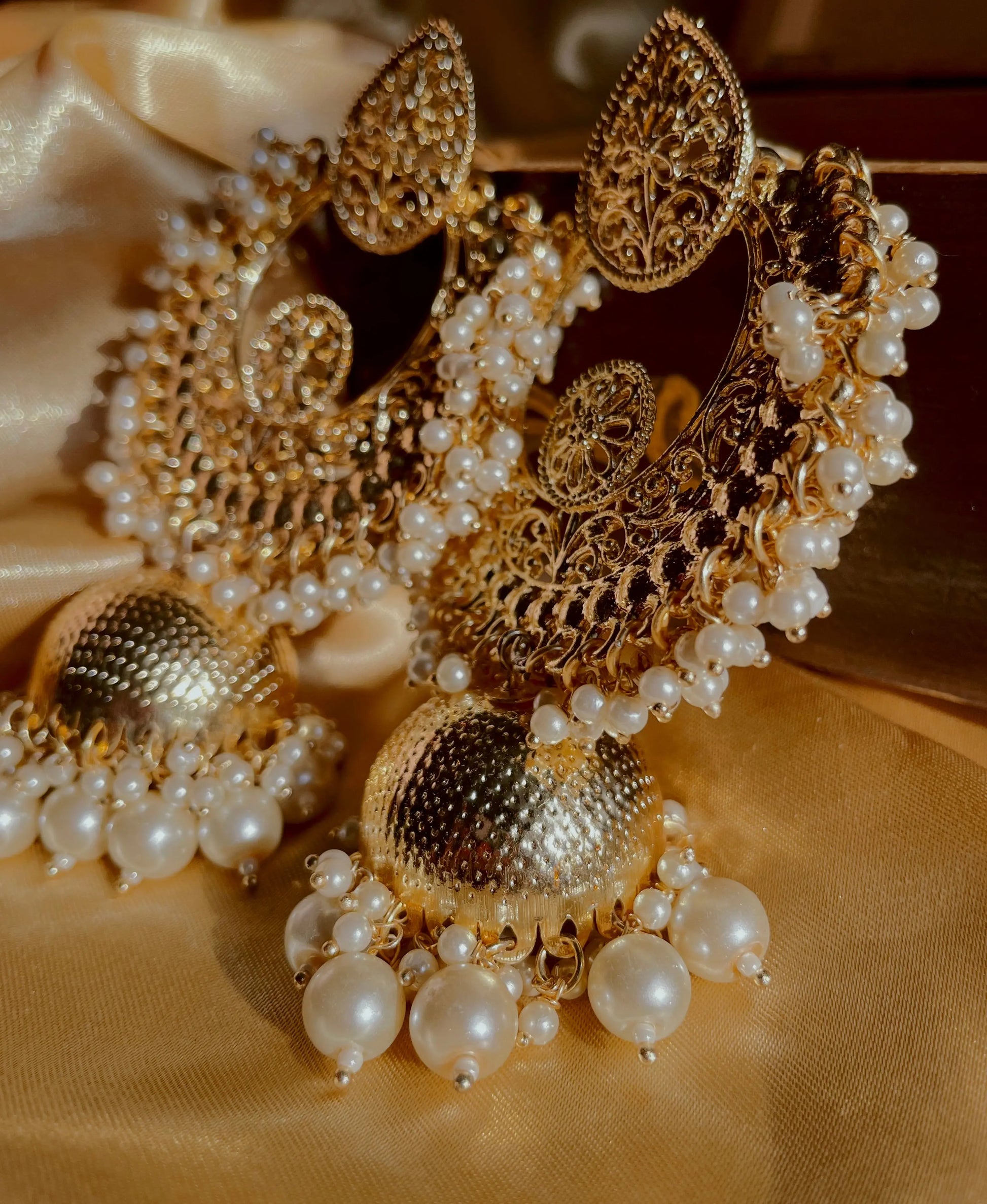 Parisa Earrings | Filigree Design with Pearls and Golden Charm