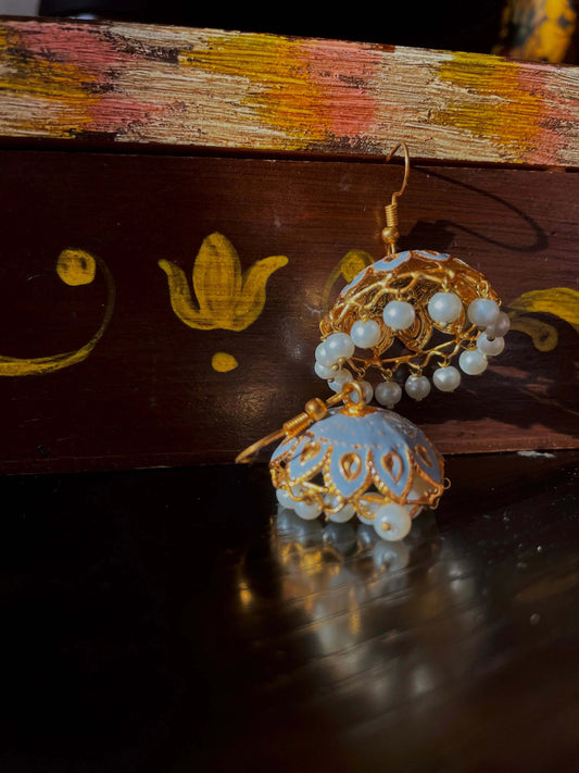 Roohi Earrings | Gold with Gray Enamel and Handcrafted Pearls